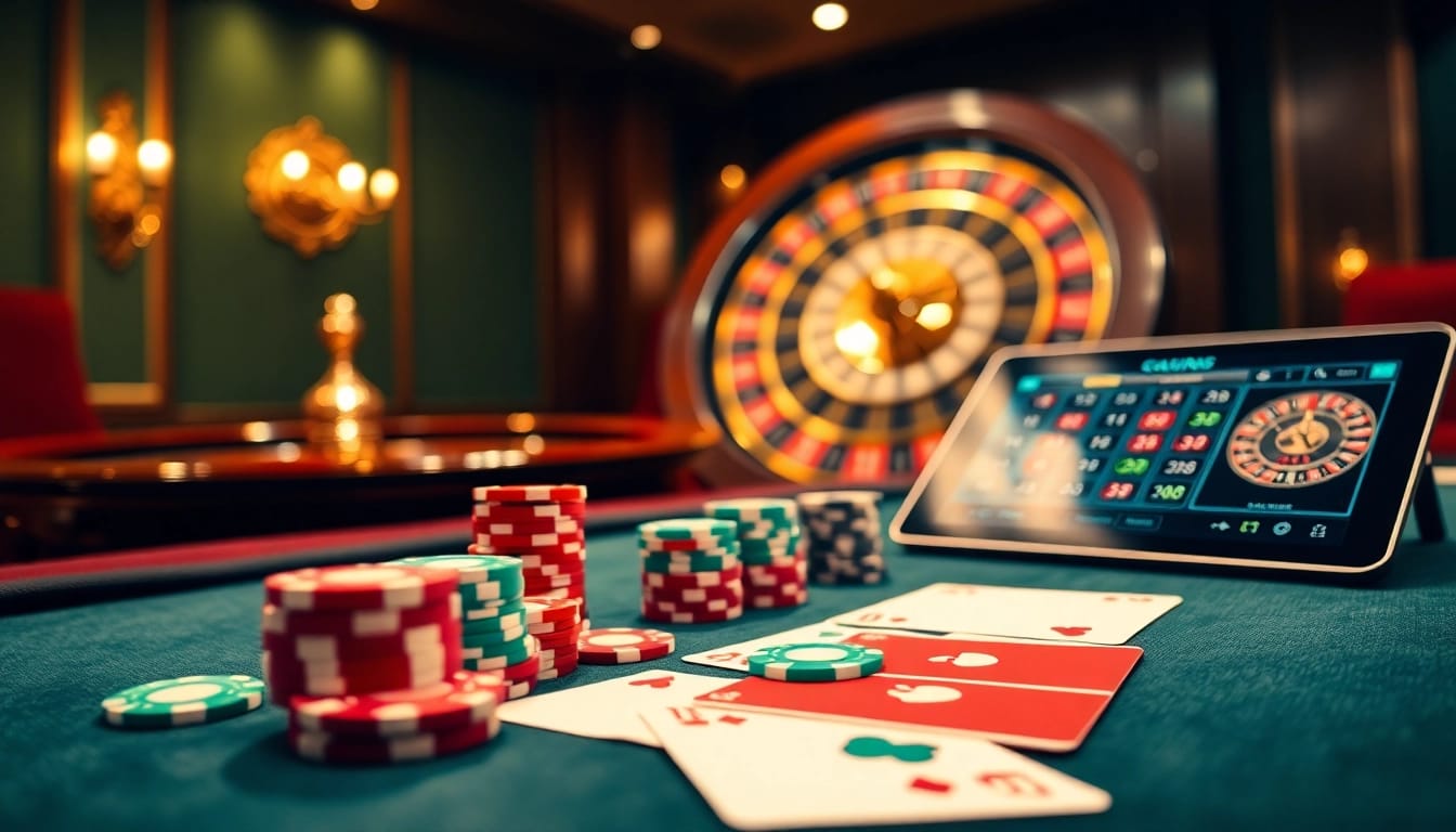 Jouez à des jeux captivants dans un casino en ligne Français avec une table de poker élégante et une ambiance luxueuse.