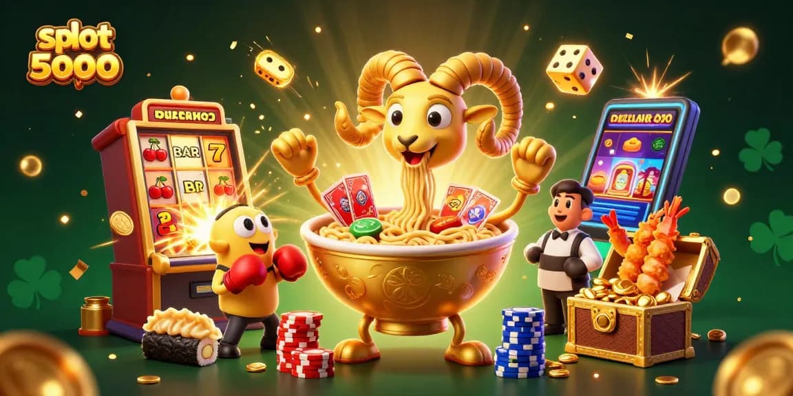 Experience big wins with slot depo 5000 in this vibrant casino-themed illustration.