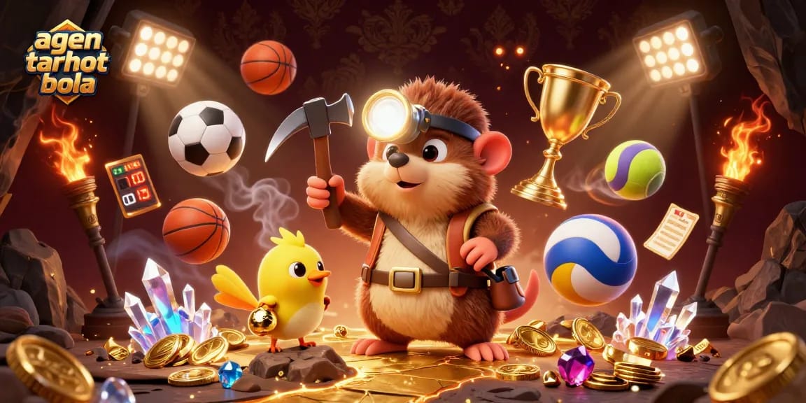 A thrilling scene depicting agen taruhan bola with a treasure hunter mole and sports elements dynamically interacting in a rich, vibrant cave.