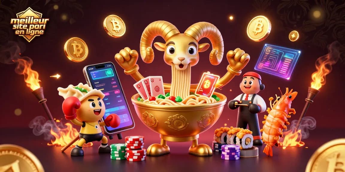 Plongez dans l'univers du meilleur site de paris en ligne avec des personnages de casino animés et des éléments crypto scintillants.
