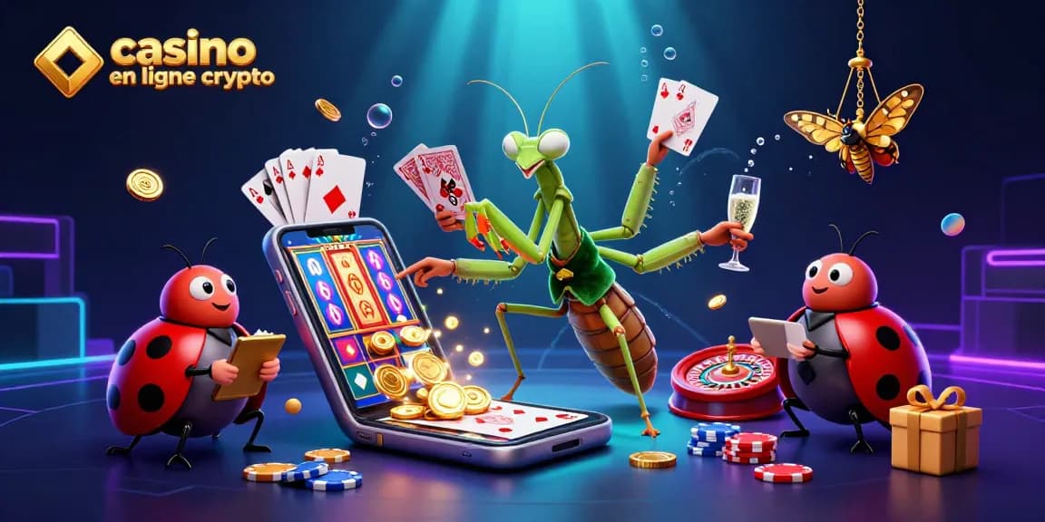 Illustration ludique de casino en ligne crypto mettant en avant un caméléon jouant aux cartes avec un croupier et des éléments de jeu.