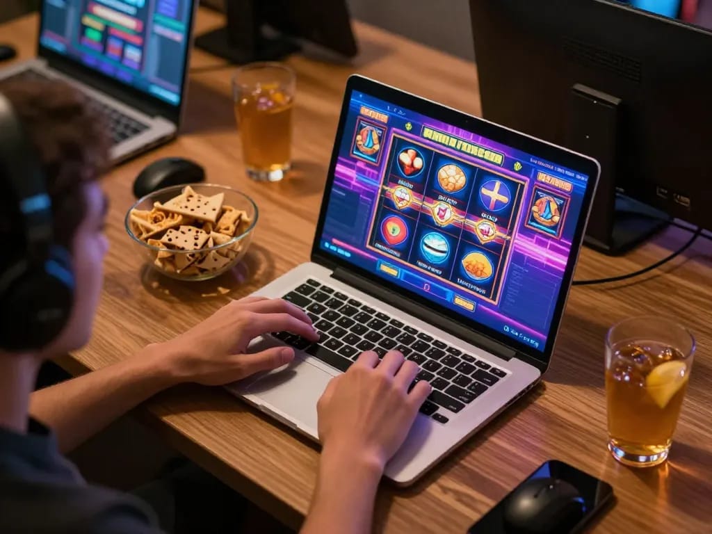 Spinning slots on a laptop screen during an engaging online gaming session.