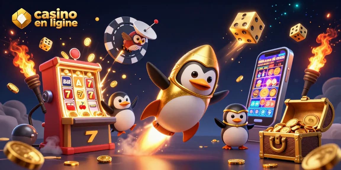 Jouez au casino en ligne avec un pingouin doré propulsé dans l'espace, entouré de machines à sous et de jetons.