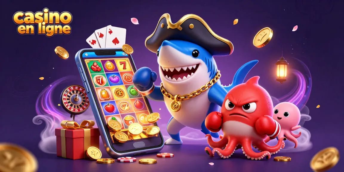 Illustration animée présentant des personnages de jeux d'argent et des éléments de casino en ligne, jeux et gains.