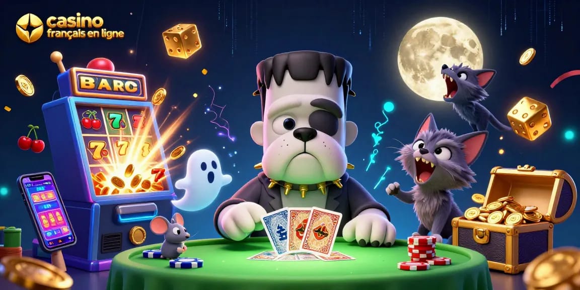 Jouez aux jeux de casino français en ligne avec un monstre bulldog et des éléments captivants.