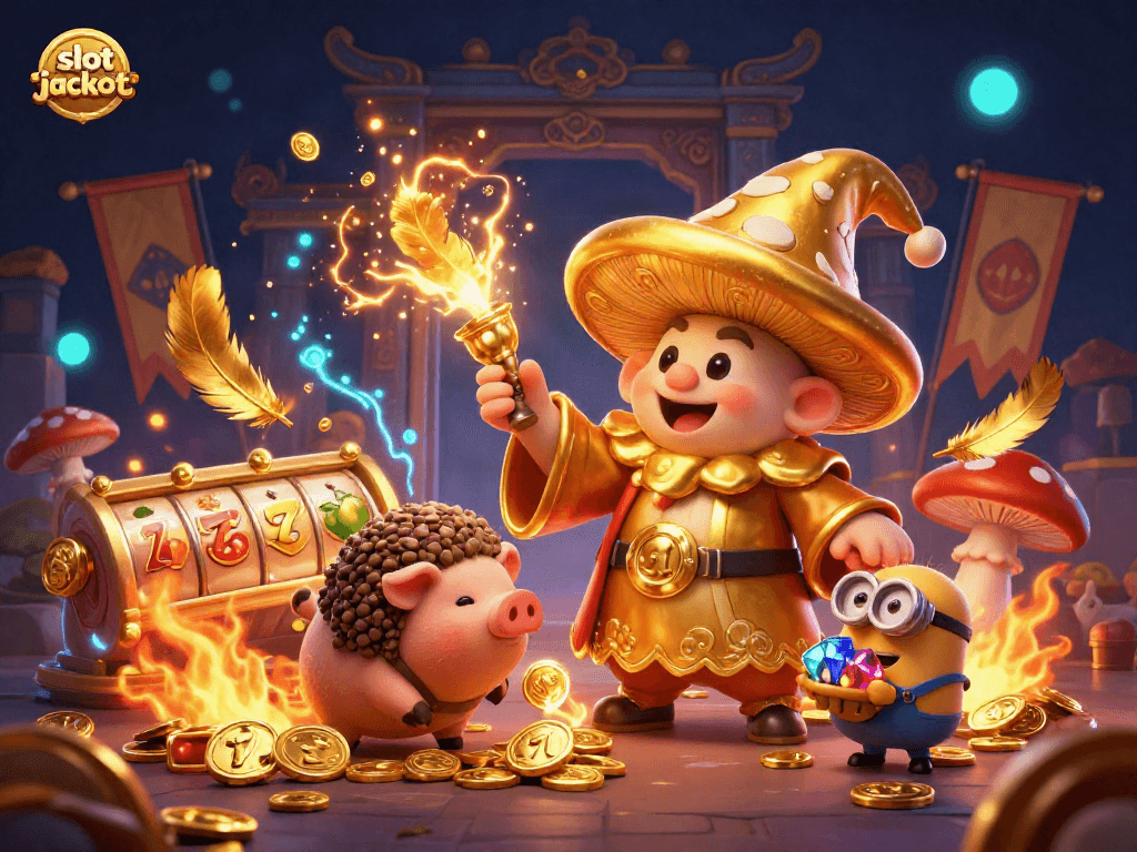 Experience the magic of the slot jackpot in a whimsical casino scene with treasures and dynamic elements.