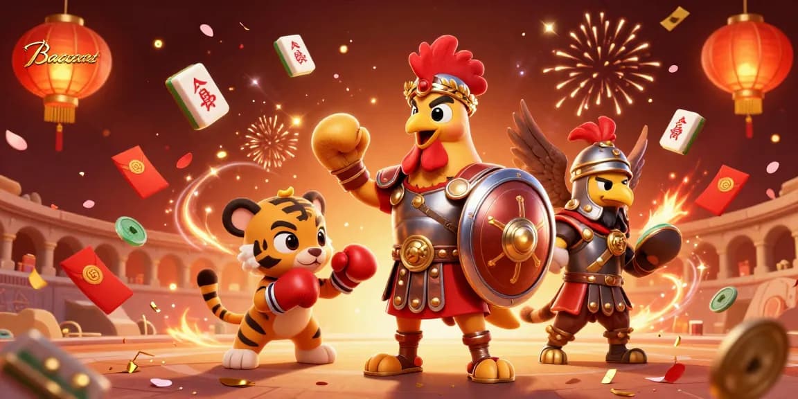 Baccarat game scene featuring a gladiator rooster and tiger sparring partner amidst a vibrant celebration.