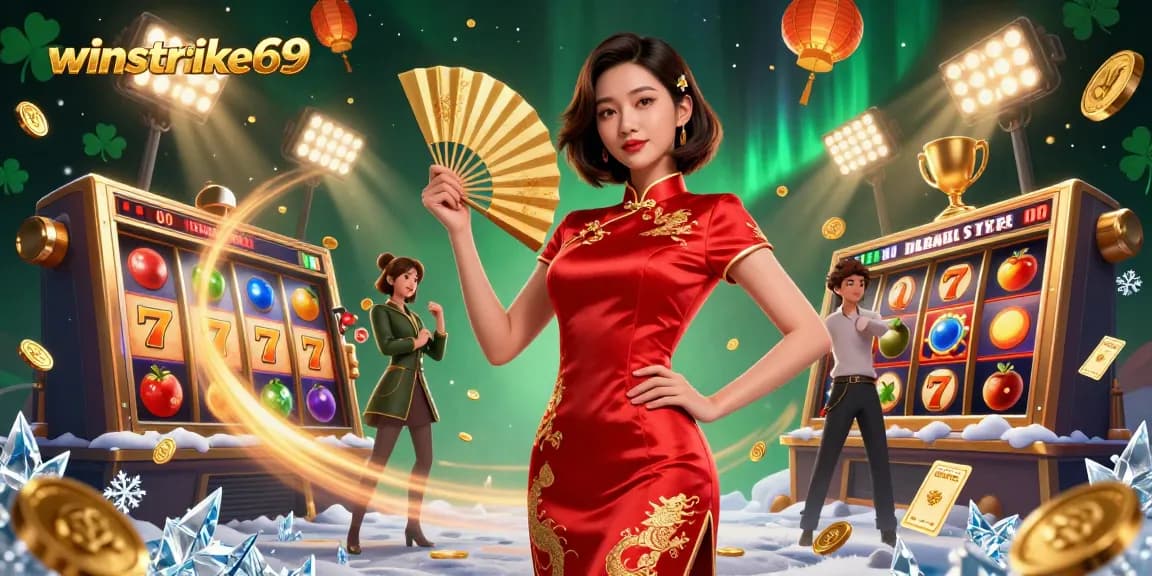 Winstrike69 feature a confident woman with a golden fan in a vibrant casino scene filled with slot game elements.