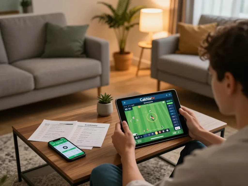 Cakhiatv sports betting on tablet in a cozy living room with warm ambiance.
