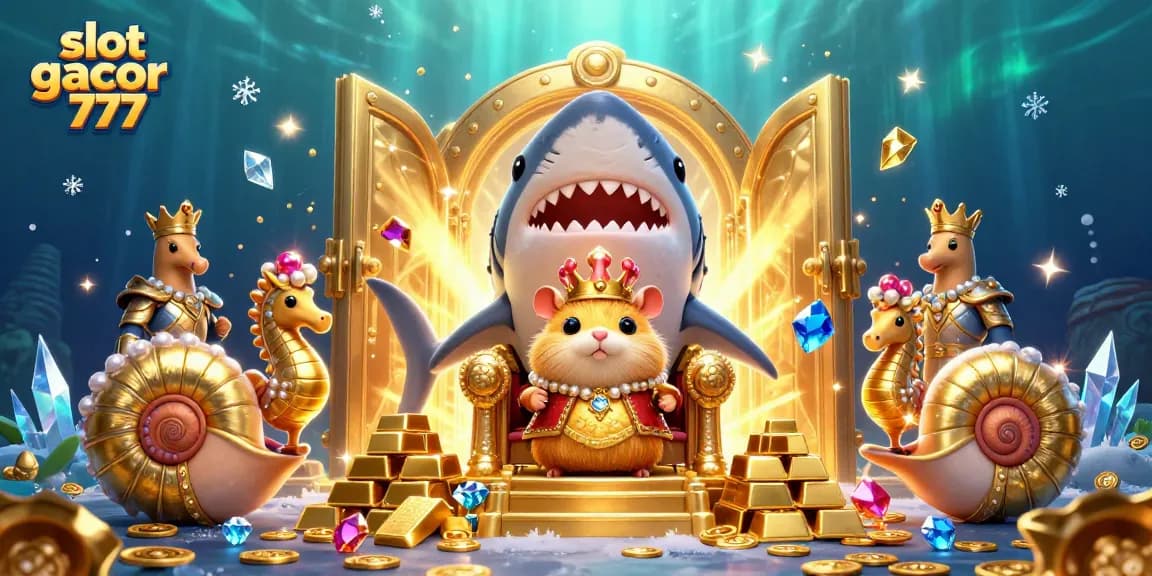 Menangkan slot gacor 777 dengan gambar raja hamstern kecil yang berani di atas gigi megalodon yang megah, dikelilingi harta karun.
