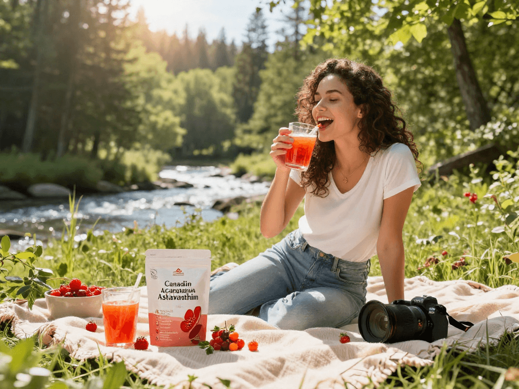 Healthy outdoor smoothie tasting featuring Canadian astaxanthin brand products amidst vibrant natural ingredients.