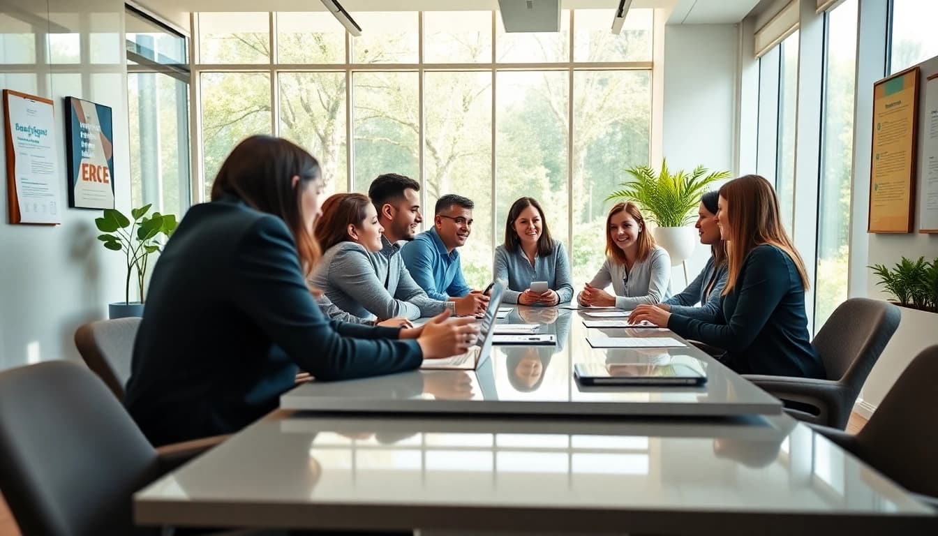 Engaging business coaching service session in a modern office, highlighting collaboration and growth.