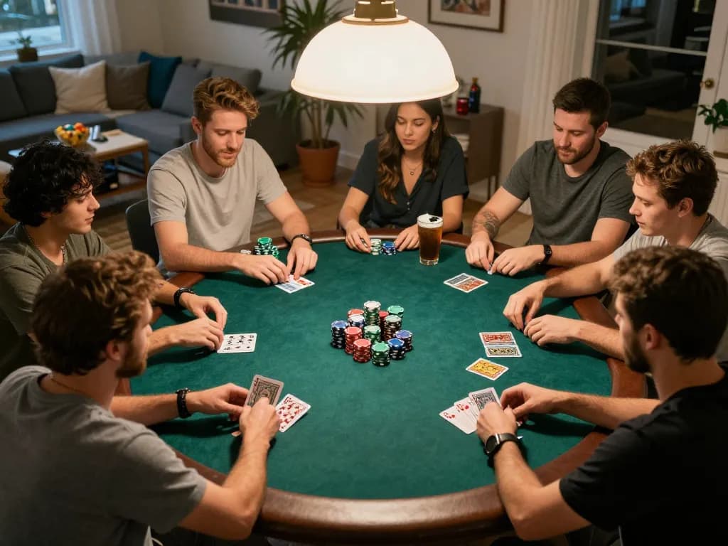 Cảnh đêm poker tại nhà hấp dẫn, thể hiện chiến lược và niềm vui xã hội, mang đậm không khí link vào m88 không bị chặn.