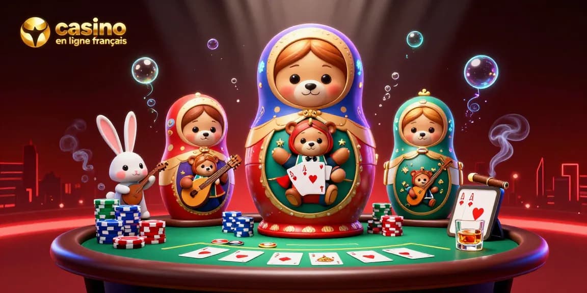 Plongez dans l'univers captivant du casino en ligne français avec cette illustration dynamique remplie de jeux de hasard et de personnages colorés.