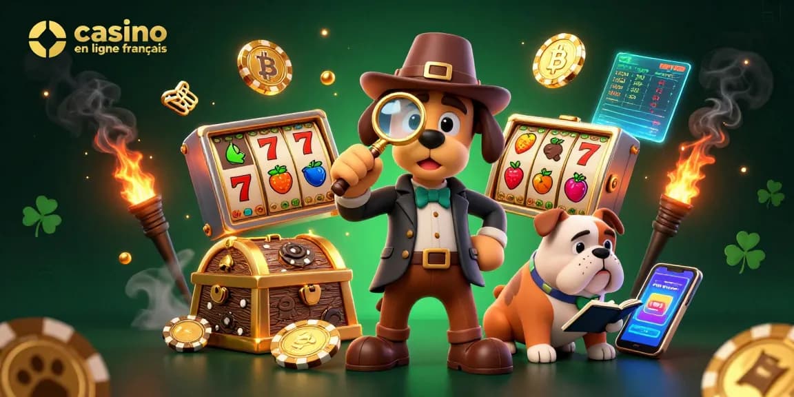 Illustration dynamique de casino en ligne français avec un détective et des éléments de jeu animés.