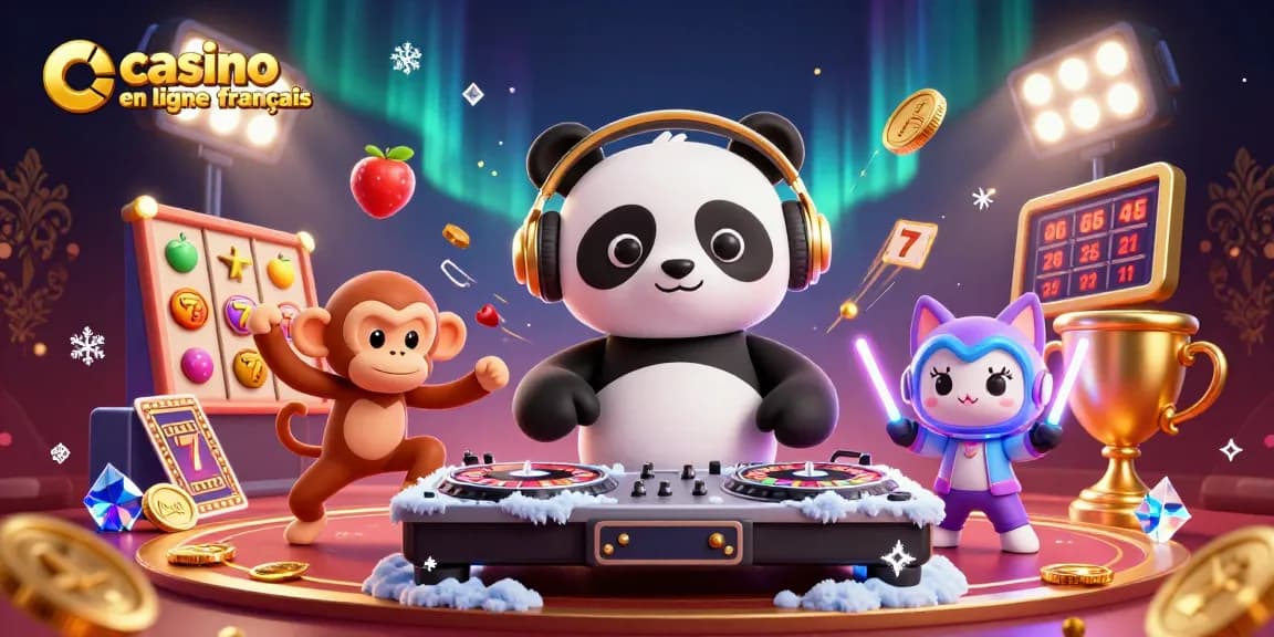 Immergez-vous dans l'univers vibrant des jeux avec casino en ligne français, une illustration dynamique de personnages de casino animés et des éléments de jeu.
