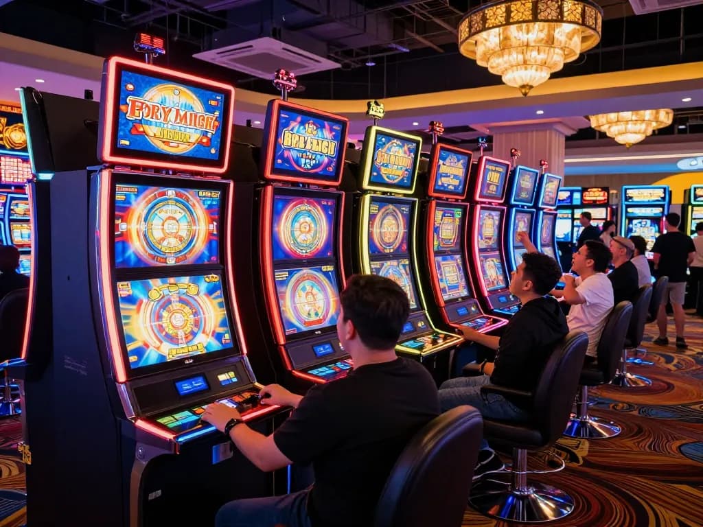 Players enjoying vibrant slot gacor 777 machines in a lively casino atmosphere