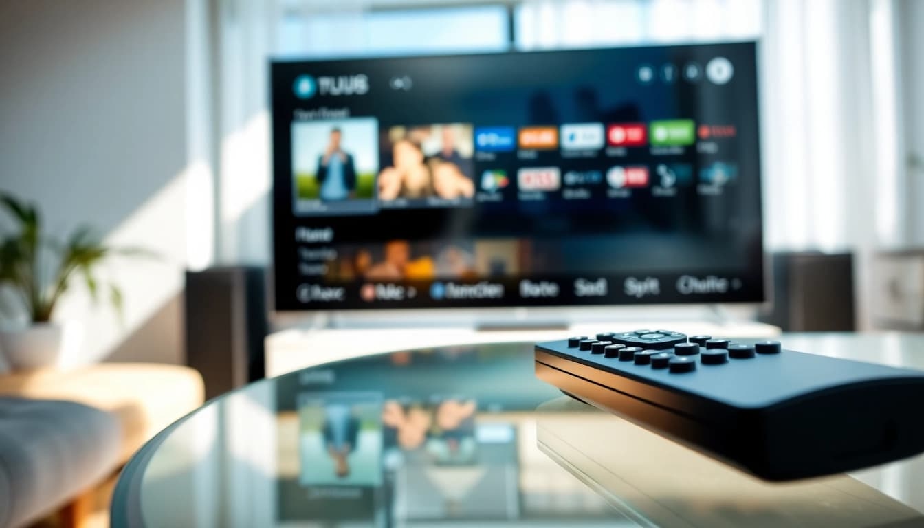 Experience iron iptv options with a sleek remote control in a vibrant living room setup.