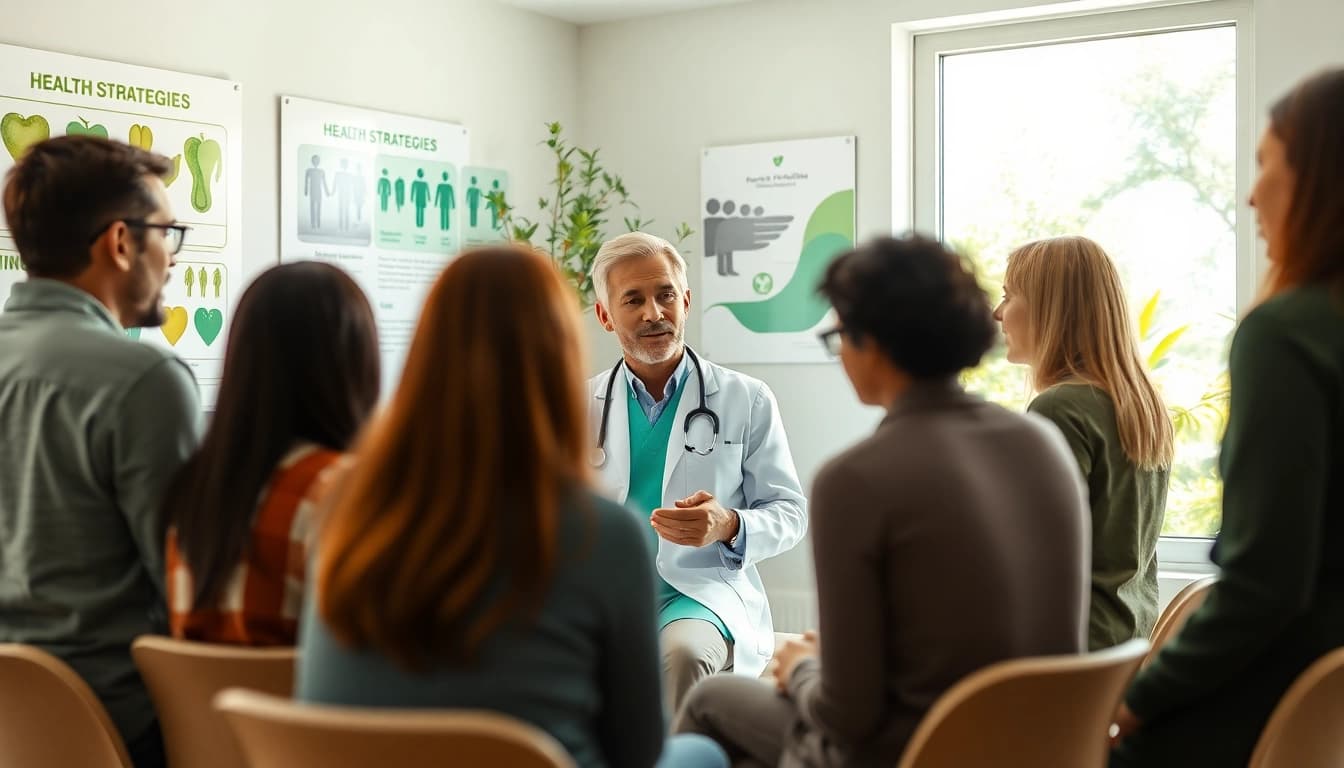 Health professionals collaborate in a welcoming setting, highlighting vibrant health strategies.