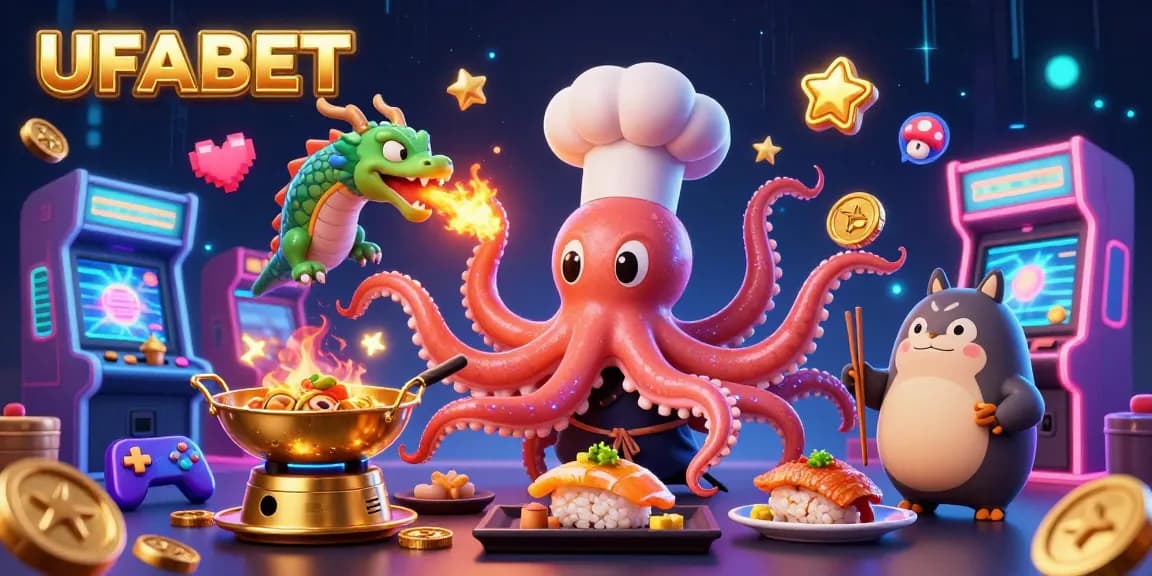 Experience thrilling gameplay at UFABET with a dynamic scene of a sushi chef octopus and dragon preparing golden dishes.
