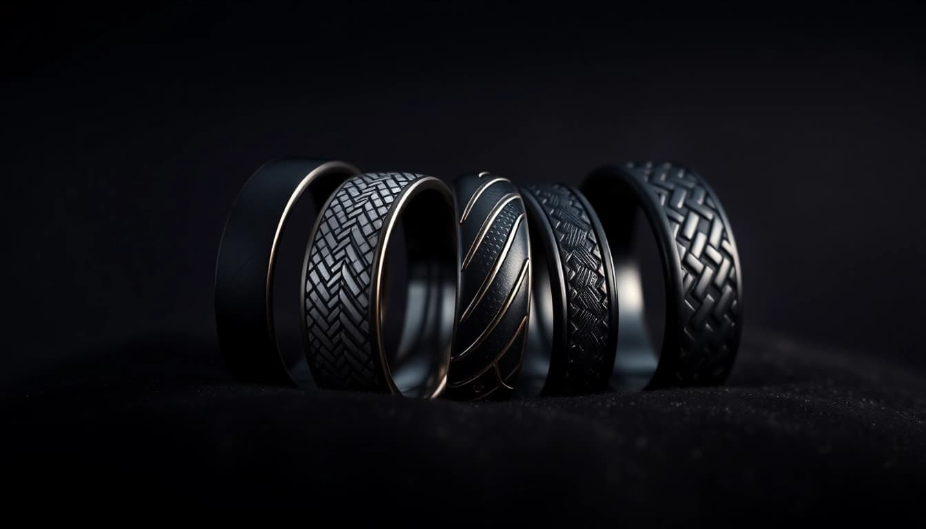 Showcase black wedding rings for men with unique designs and textures against a dark backdrop.