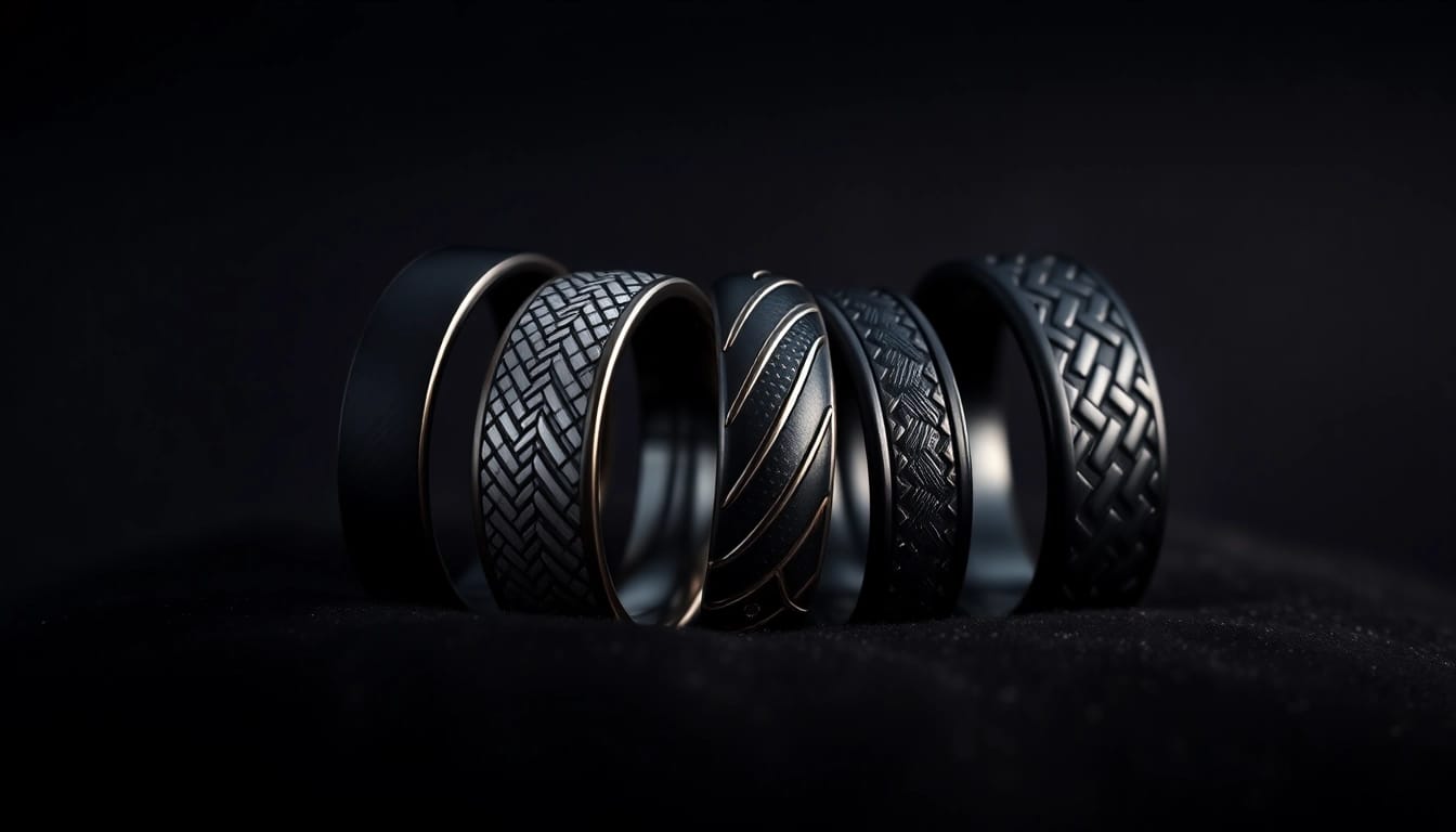 Showcase black wedding rings for men with unique designs and textures against a dark backdrop.