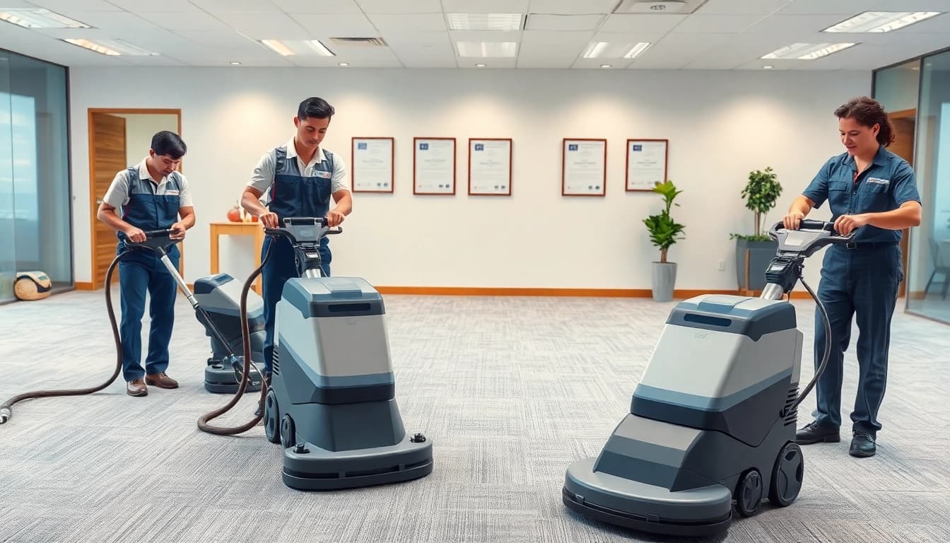 Efficient team using commercial carpet cleaners in a professional office environment.