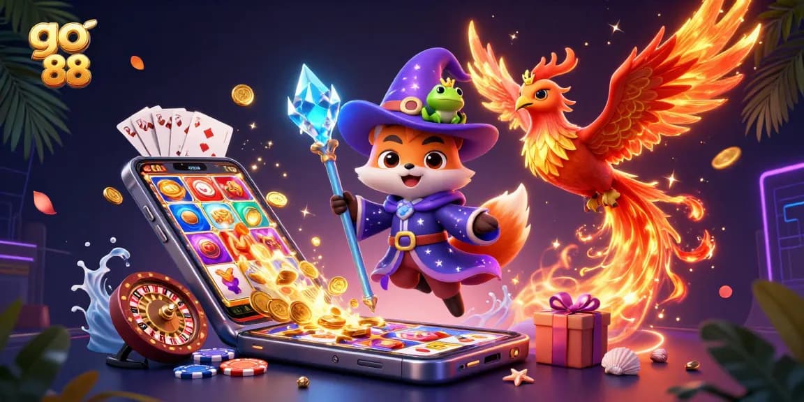 Engage in the thrilling world of go 88 with an enchanting casino illustration featuring vibrant characters and exciting game elements.