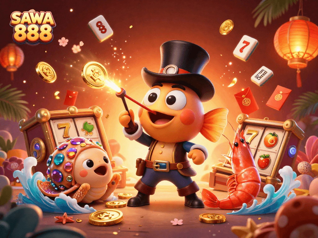 SAWA 888 illuminates the casino world with vibrant characters and animated slot reels, attracting golden coins.