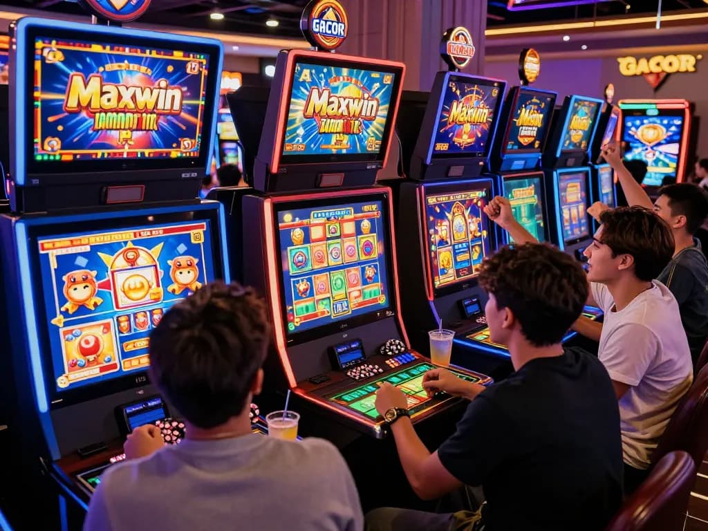 Skena kasino online yang mengasyikkan menampilkan teman-teman menikmati permainan slot situs gacor dengan grafis yang cerah dan suasana yang hidup.