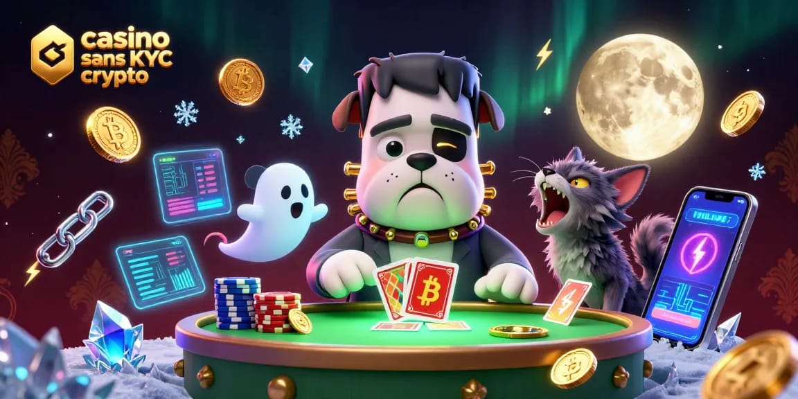 Jouer au casino sans KYC crypto avec un bulldog Frankenstein, jetons et pièces brillants.