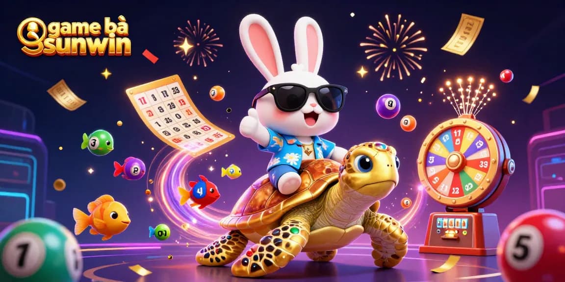 Engage in game bài sunwin with an exciting scene of a lucky rabbit and a golden turtle celebrating wins.
