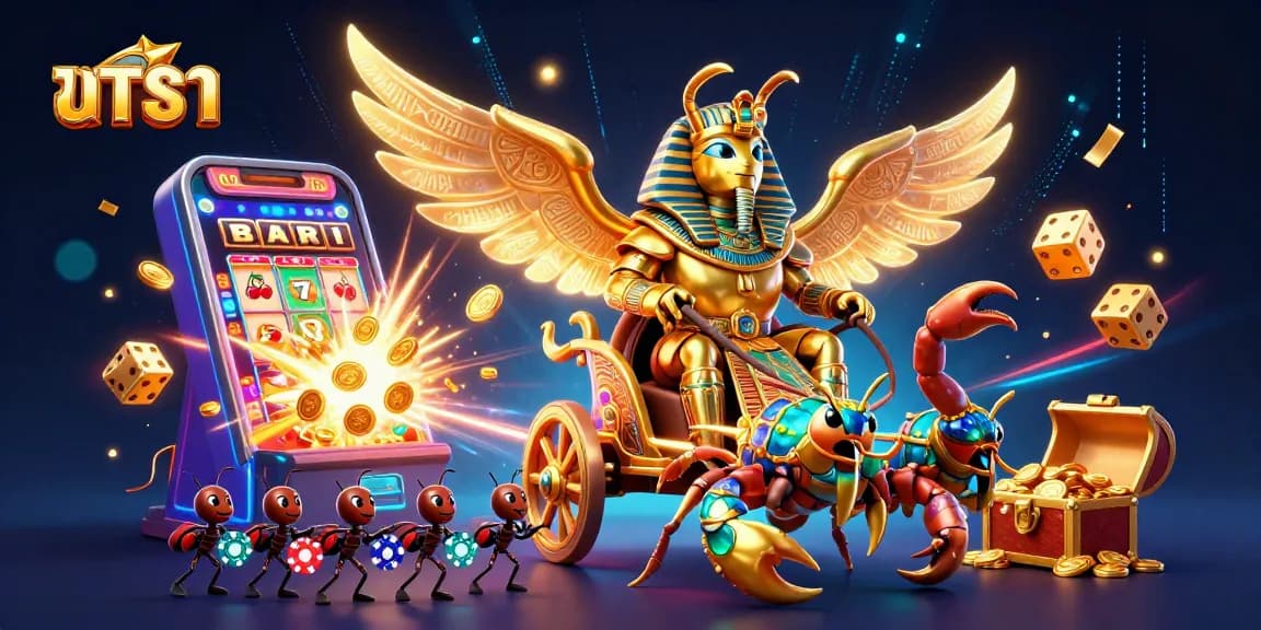 Experience epic baccarat action with a golden scarab beetle and rich casino elements.