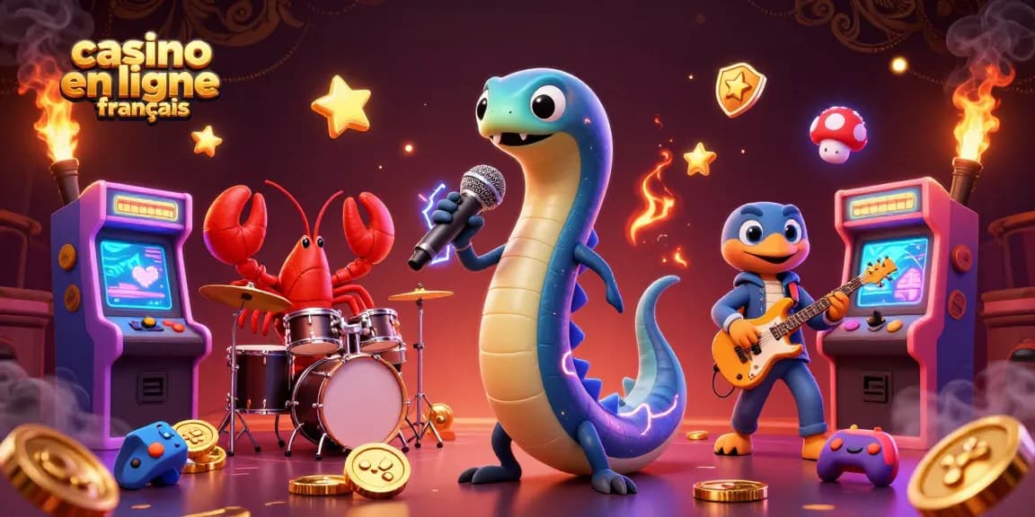 Illustration dynamique présentant un casino en ligne français, avec une anguille DJ et ses musiciens.