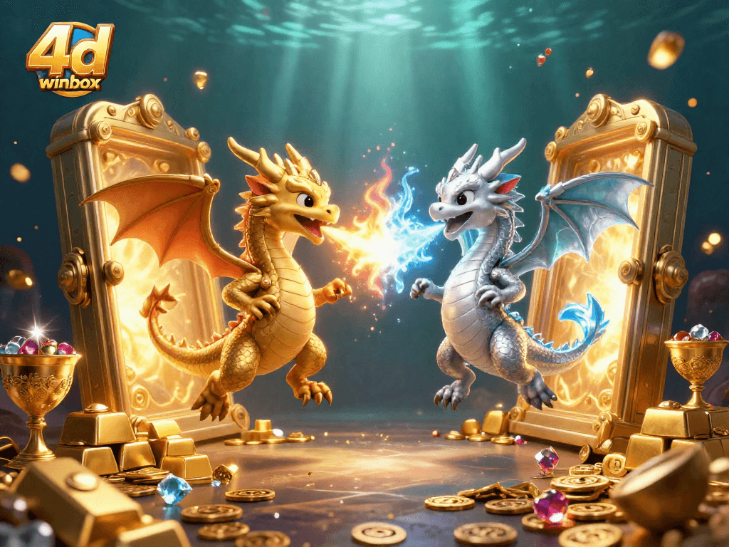 Experience 4D Winbox lottery excitement with majestic dragons, treasure, and dynamic elements.