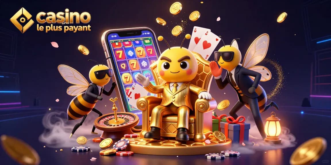 Illustration dynamique représentant le casino en ligne le plus payant avec un boss abeille et des éléments de jeux d'argent.