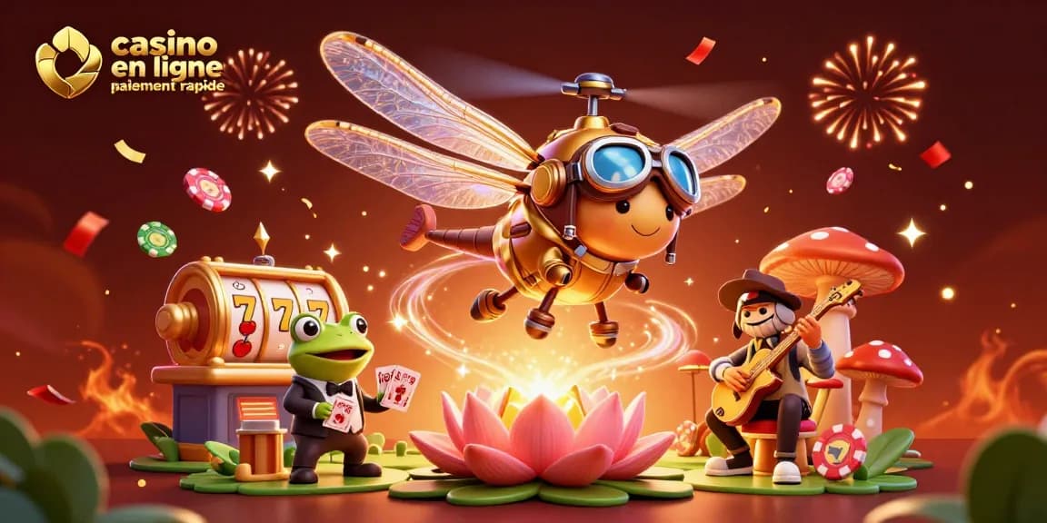 Découvrez le monde du casino en ligne paiement rapide avec un pilote de libellule ludique et un croupier de grenouille.