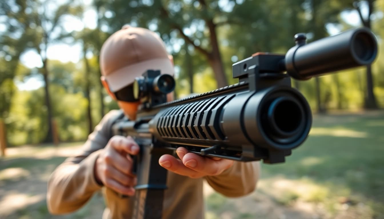 Showcasing the graves alamo 15 trigger on a precision rifle at a shooting range.
