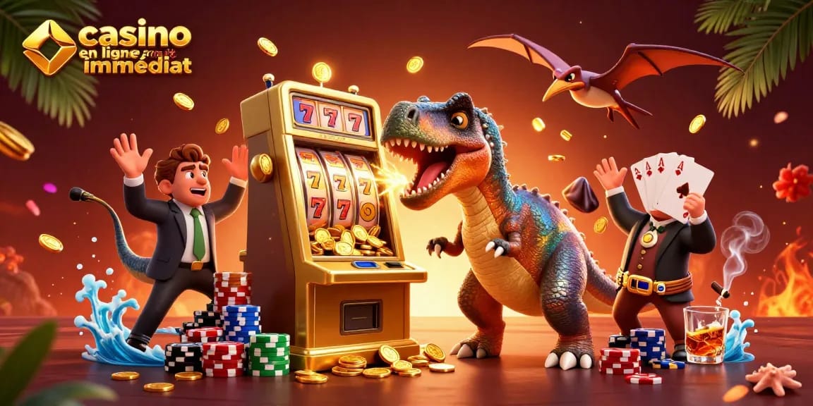 Casino en ligne retrait immédiat avec une illustration 3D ludique et dynamique.