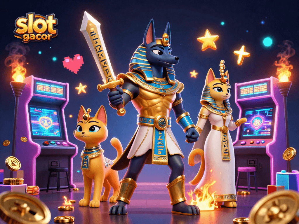 Experience the excitement of slot gacor with this vibrant 3D digital art featuring iconic gaming elements.