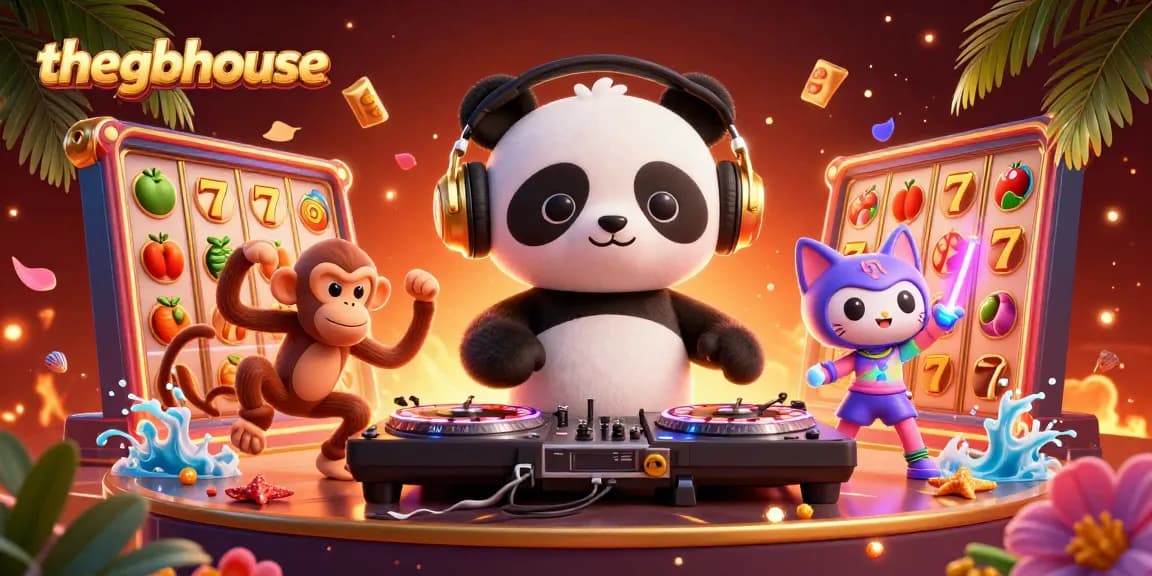 TheGBHouse showcases energetic casino fun with a DJ panda and friends enjoying slots.