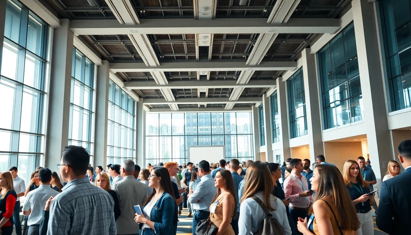Attendees networking at construction networking events in a vibrant conference setting.