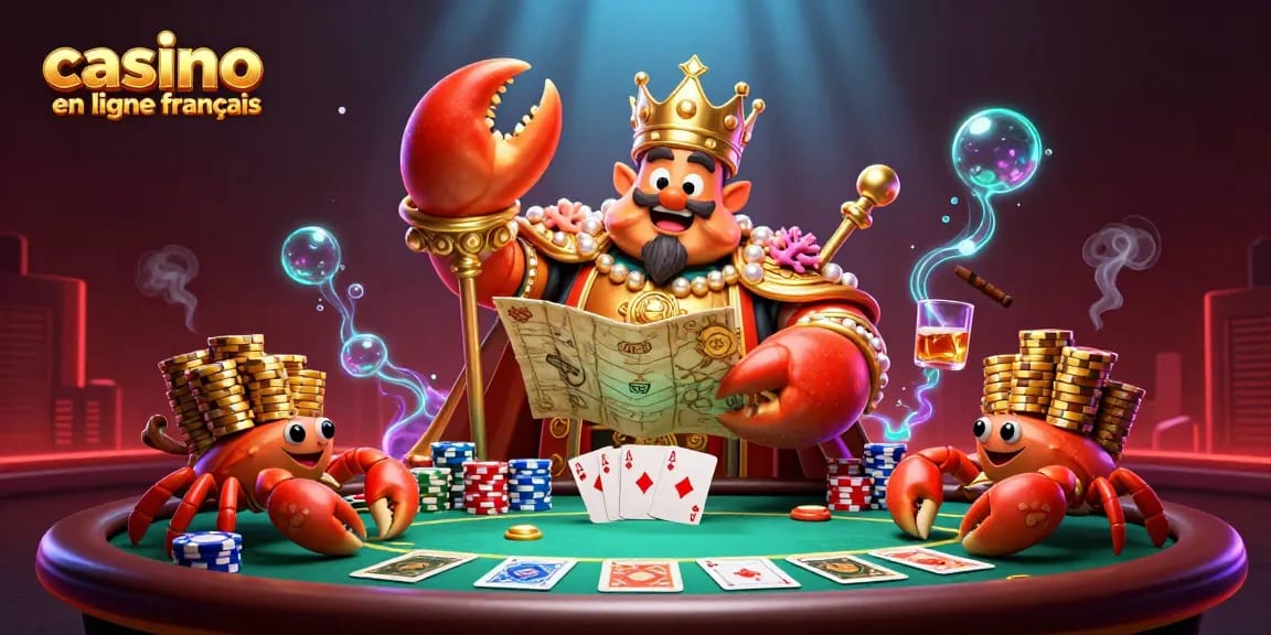 jouez au casino en ligne français avec une scène animée incluant un crabe roi et des éléments de poker