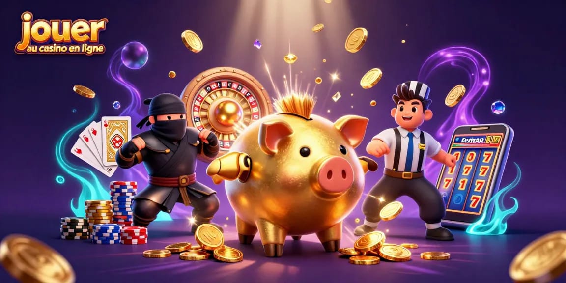 Jouer au casino en ligne avec des personnages colorés en plein action, pièces et jeux éparpillés.