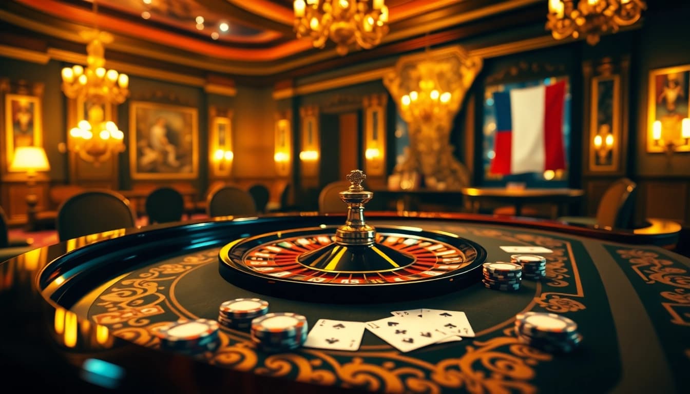 Scène engageante de 'casino en ligne argent réel france' présentant des éléments de jeu en ligne passionnants comme la roulette et les jetons de poker.