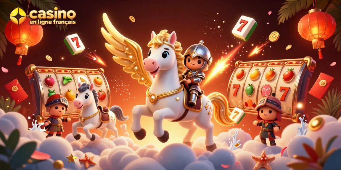 Découvrez des jeux captivants sur casino en ligne français avec une illustration dynamique de cheval céleste et éléments de jeu.