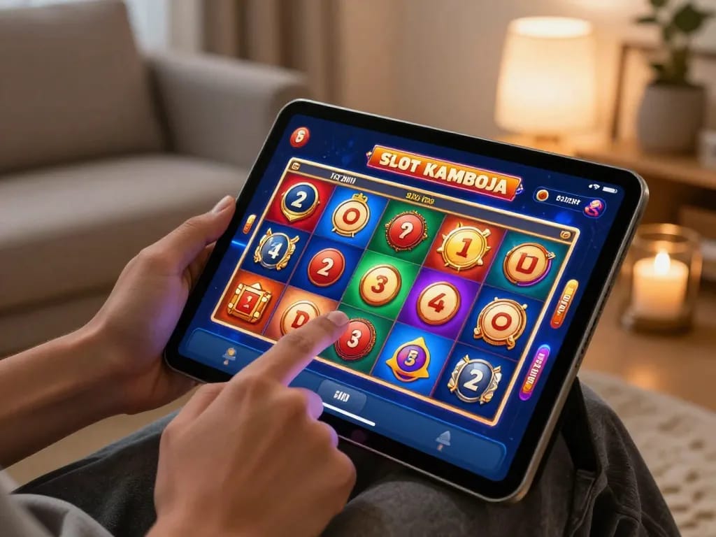 Sweeping through the situs slot kamboja app interface while enjoying online gaming in a cozy home