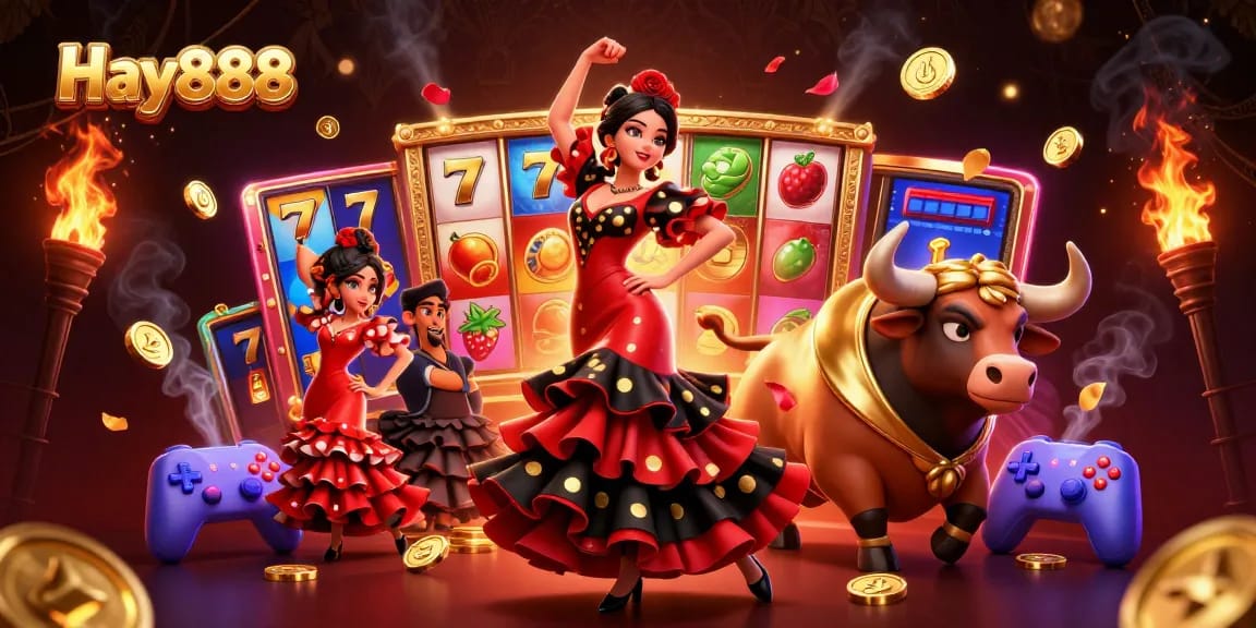 Experience thrilling gameplay at Hay888 with a stunning woman in a flamenco dress, slot reels, and vibrant gaming elements.