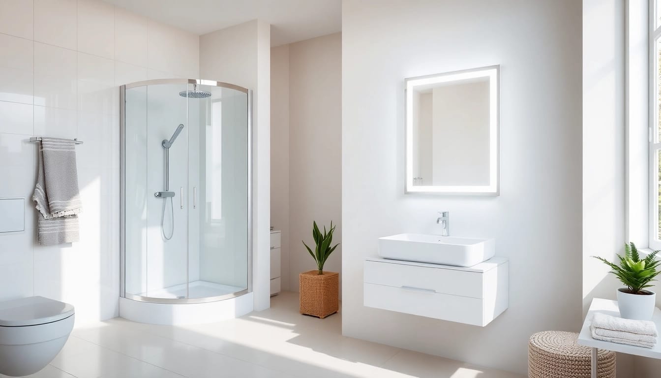 Admire the elegant LED mirror and shower cabin from sirhona France, enhancing modern bathroom aesthetics.