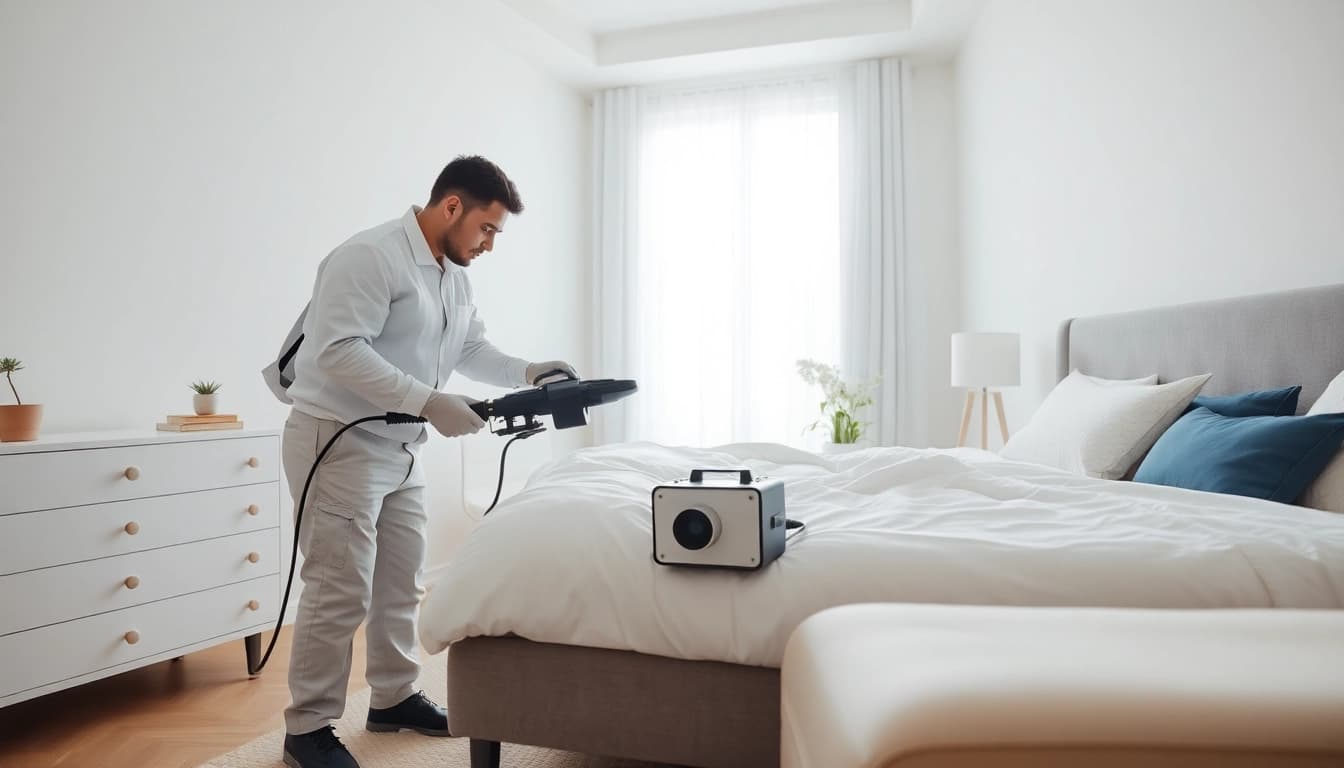 Implementing affordable bed bug treatment with professional techniques in a clean bedroom.